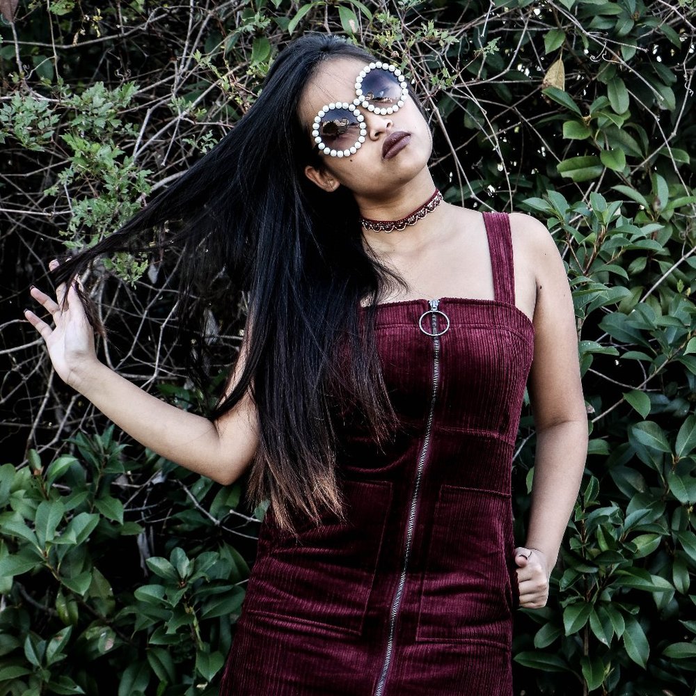 DARK PURPLE-RED CORDUROY DRESS + FRONT ZIPPER